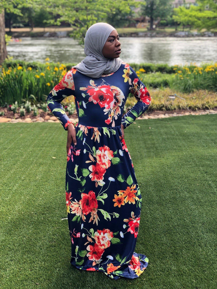 
                
                    Load image into Gallery viewer, NAVY FLORAL DRESS-FINAL SALE - Jannah&amp;#39;s Collection
                
            